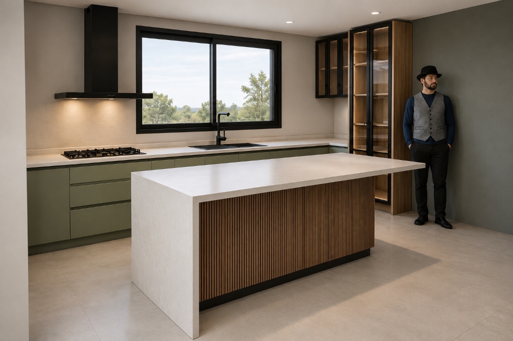 Render Cocina Verde Oliva
